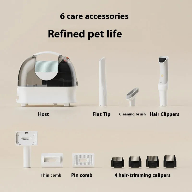 Pink and white multifunctional pet grooming vacuum cleaner with hose, clipper, and attachments on a white background.