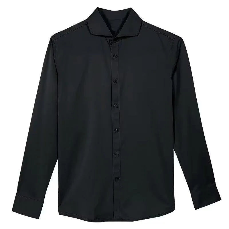 Man wearing a black loose-fit long sleeve cardigan shirt in Korean slim style with Japanese retro details.