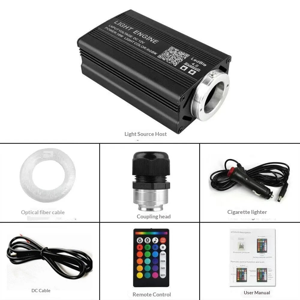 Car LED fibre optic cable set with 12V single-hole light source machine, optical fibre strands, remote control, and cigarette lighter plug.