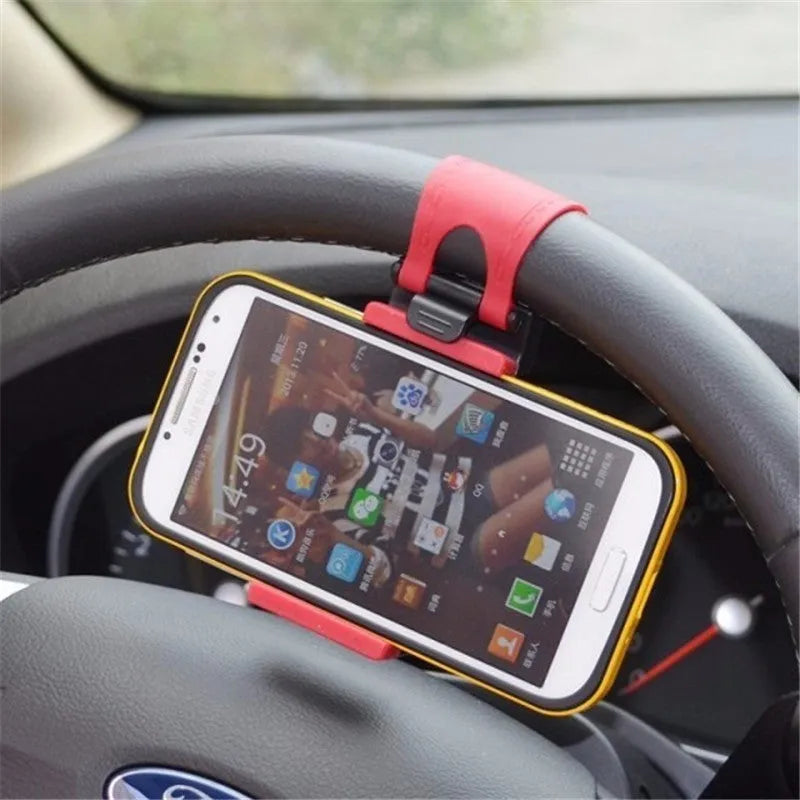 Black steering wheel phone holder mounted showing phone compatibility with dimensions 75x40x25mm