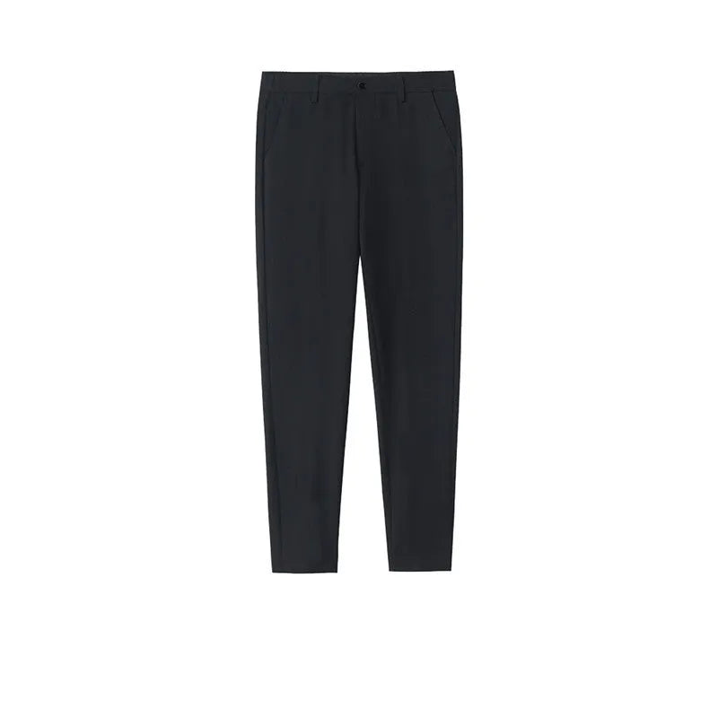 Men's straight-leg cotton trousers with drawstring waist in black, grey or khaki colours.