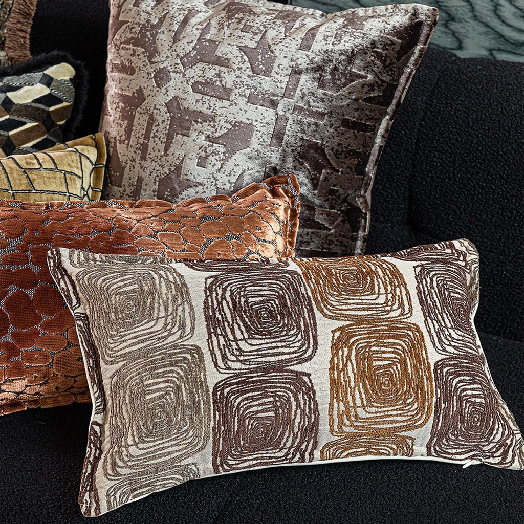 Cream and coffee abstract coil pattern pillow cover in 100% polyester feather velvet, 50x50cm square size