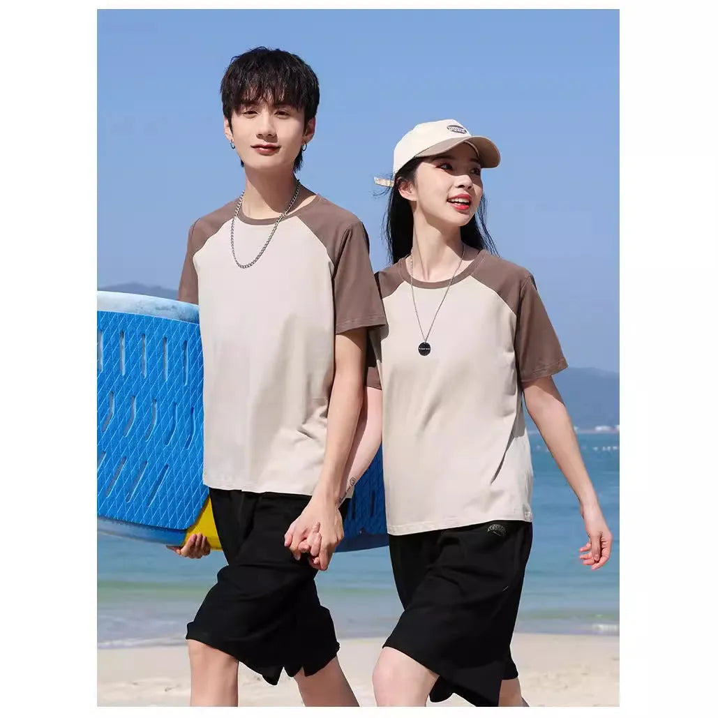 Round neck loose fit cotton blend t-shirt shown in A050 apricot army green colour option