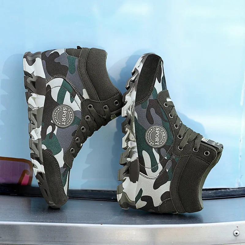 Women's green camouflage canvas sneakers with rubber sole, shown in casual setting