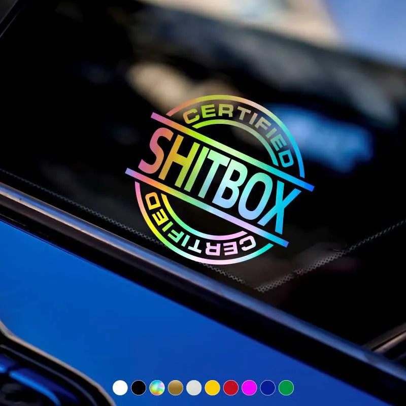 13x12cm creative vinyl car sticker showing ten colour options including metallic and glitter finishes