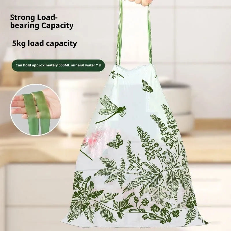 Mugwort print drawstring garbage bags, PE household bin liners with handles, supplied in rolls of 100, 50, 30, 10 or 12 pcs.