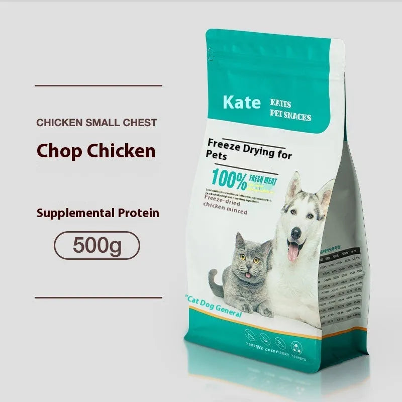 500g chicken freeze-dried cat treats in bagged and barrel packaging formats