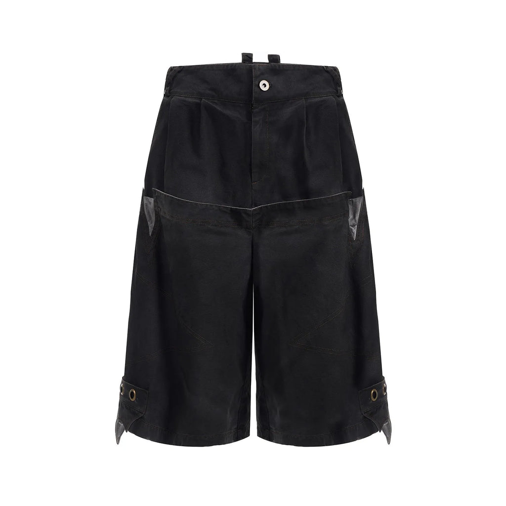 Men's black loose cropped pants with double waist design and washed stitching details