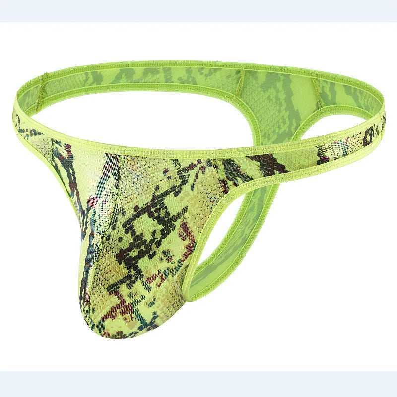 Men's camouflage snake print thong underwear in green with low-rise waistband