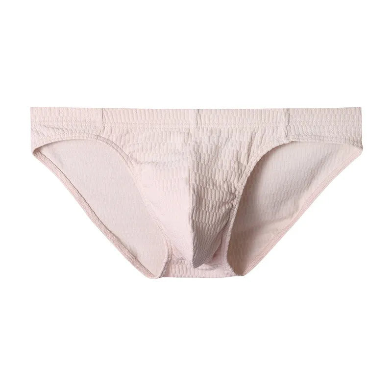 Men's triangle underwear in pure cotton with mid-waist design, available in skin colour, apricot, black, and white variations