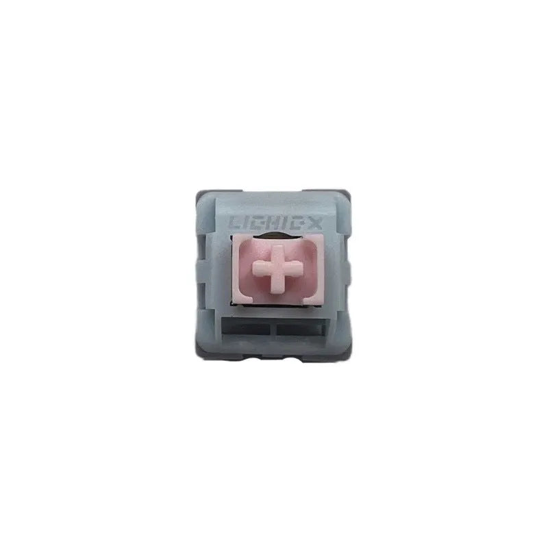 Dew Axis-4 mechanical keyboard switch showing three-colour shaft core and bridge plug-in structure with large side buckles