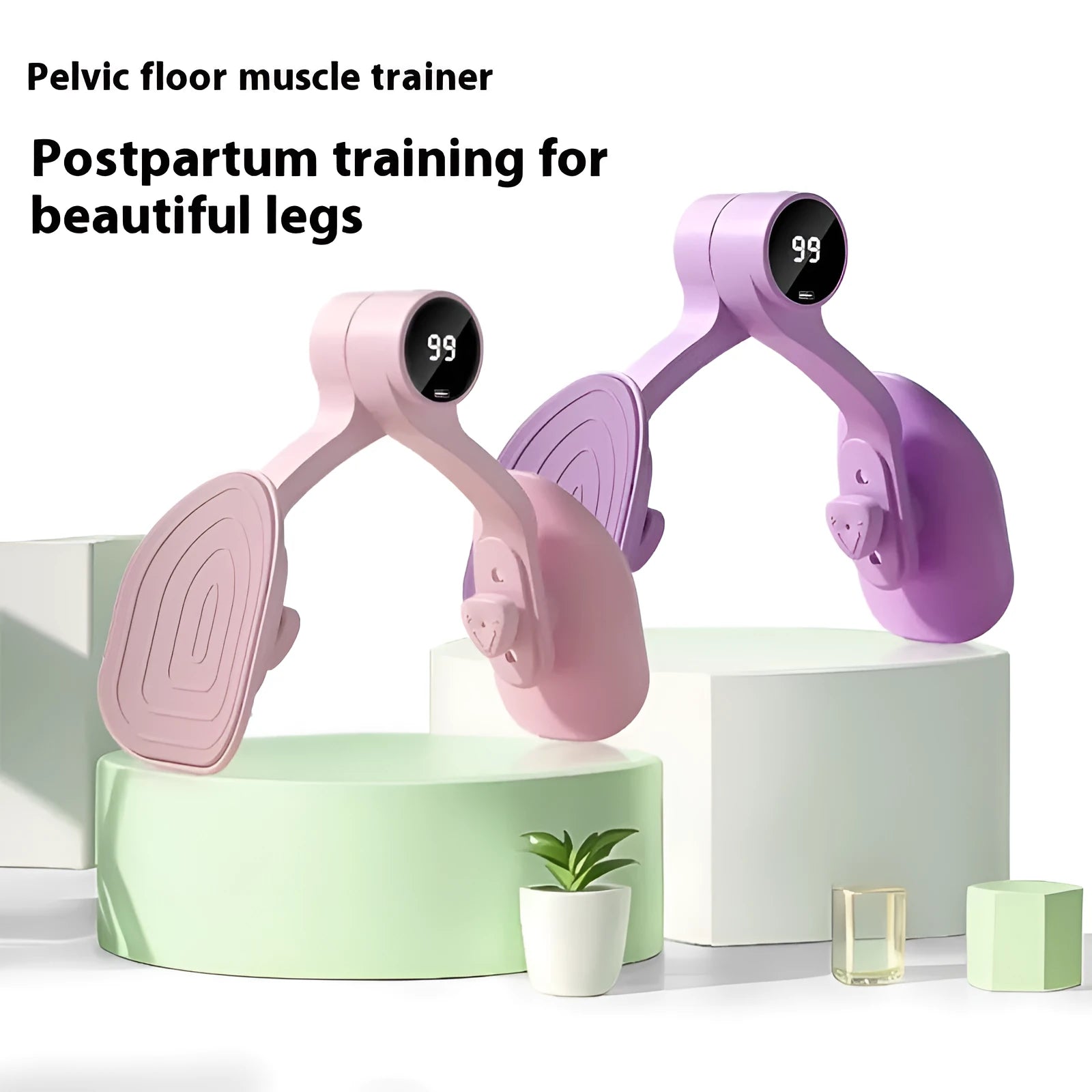 Pink and purple pelvic floor muscle trainer with rubber-coated surface and 3-gear resistance system