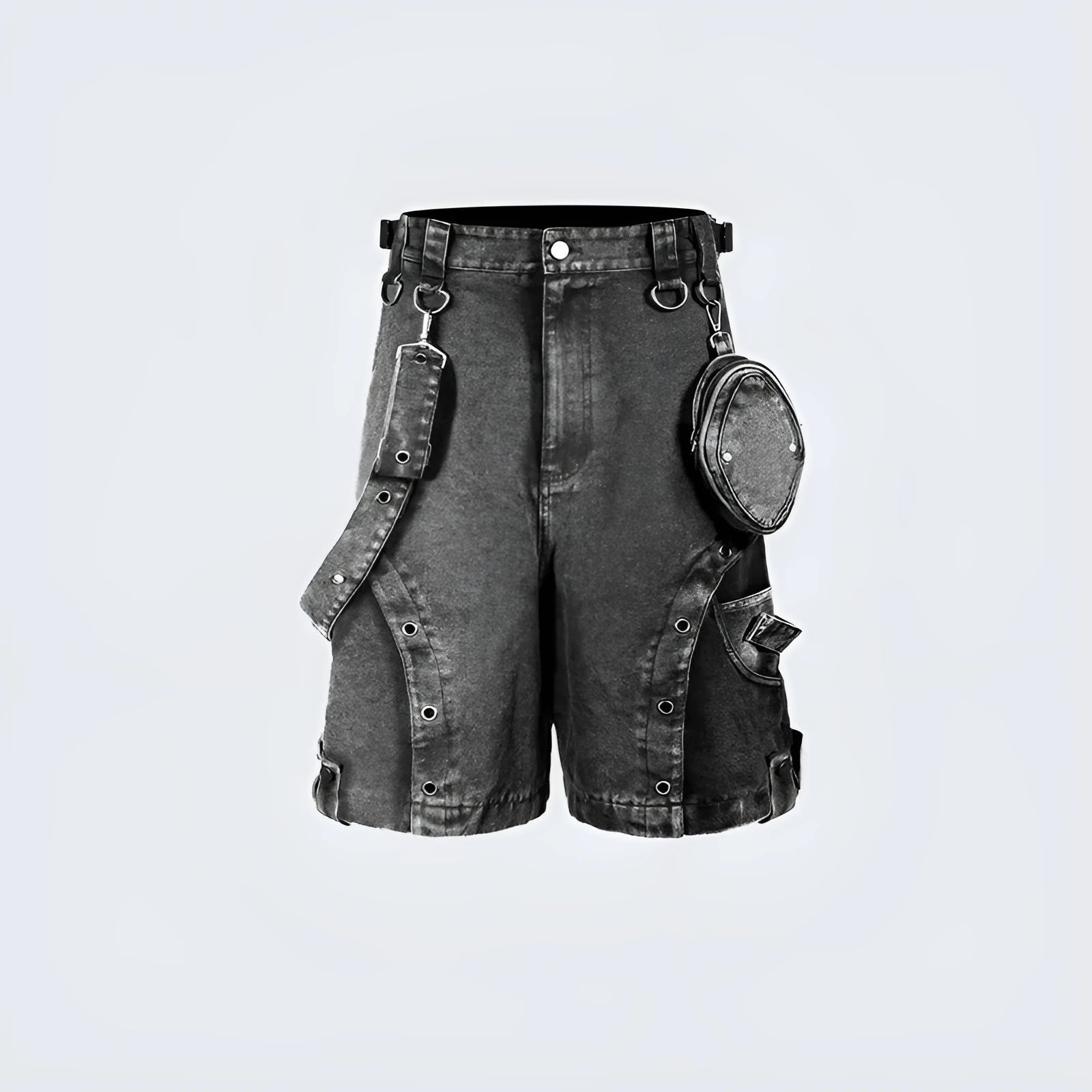 Washed blue loose fit high waist denim shorts on a hanger, showing street style design.