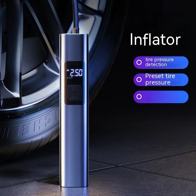 Wireless car tyre inflator and vacuum cleaner with digital display showing tyre pressure reading