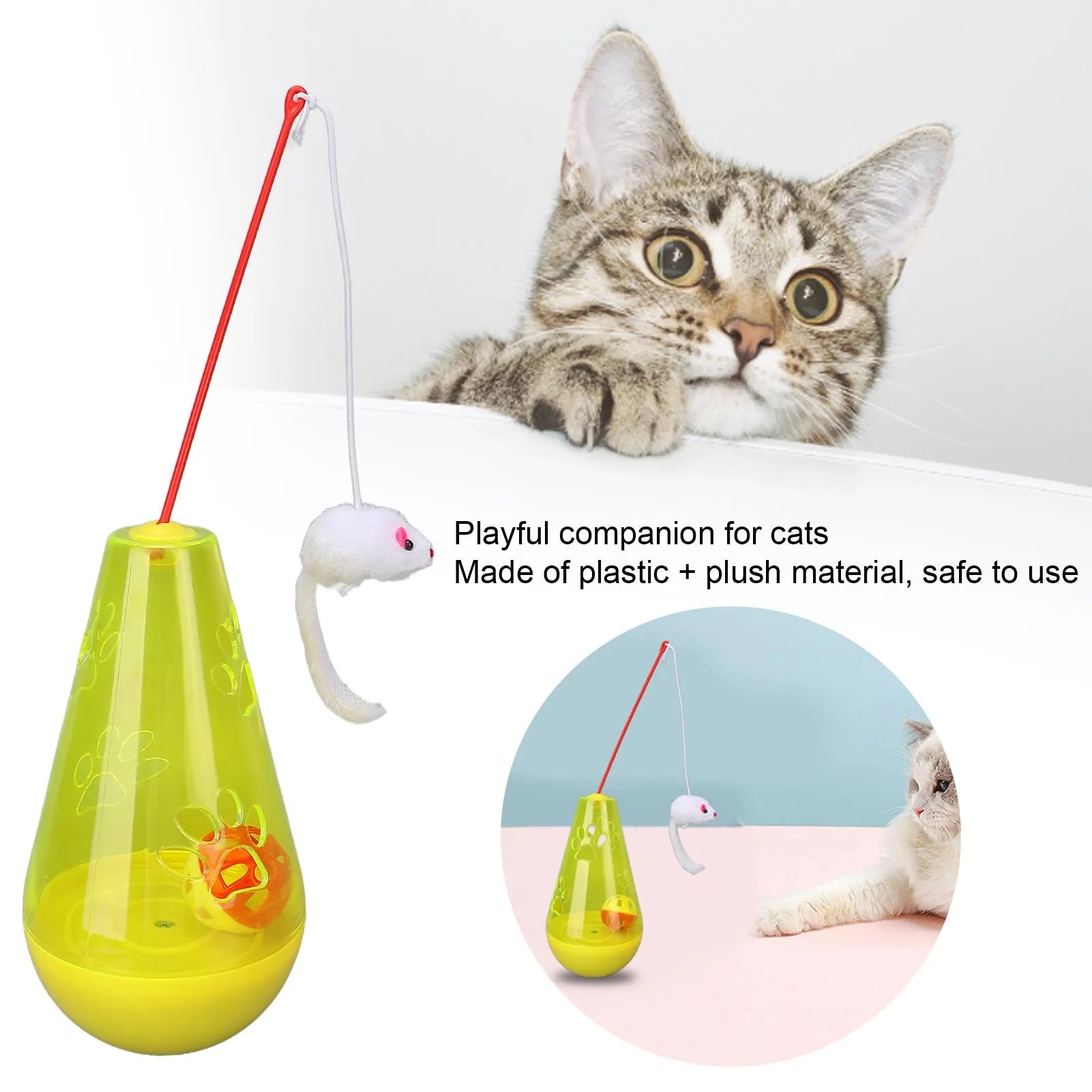 Interactive cat toy with bell ball and plush mouse stick on blue background