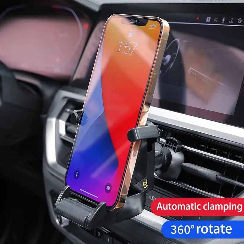 Racing seat shape car phone holder with 360-degree rotation on air vent, in gold tape colour