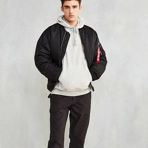 American Workwear Pilot Cotton-padded Jacket in army green, showing loose fit and double-sided nylon construction for men