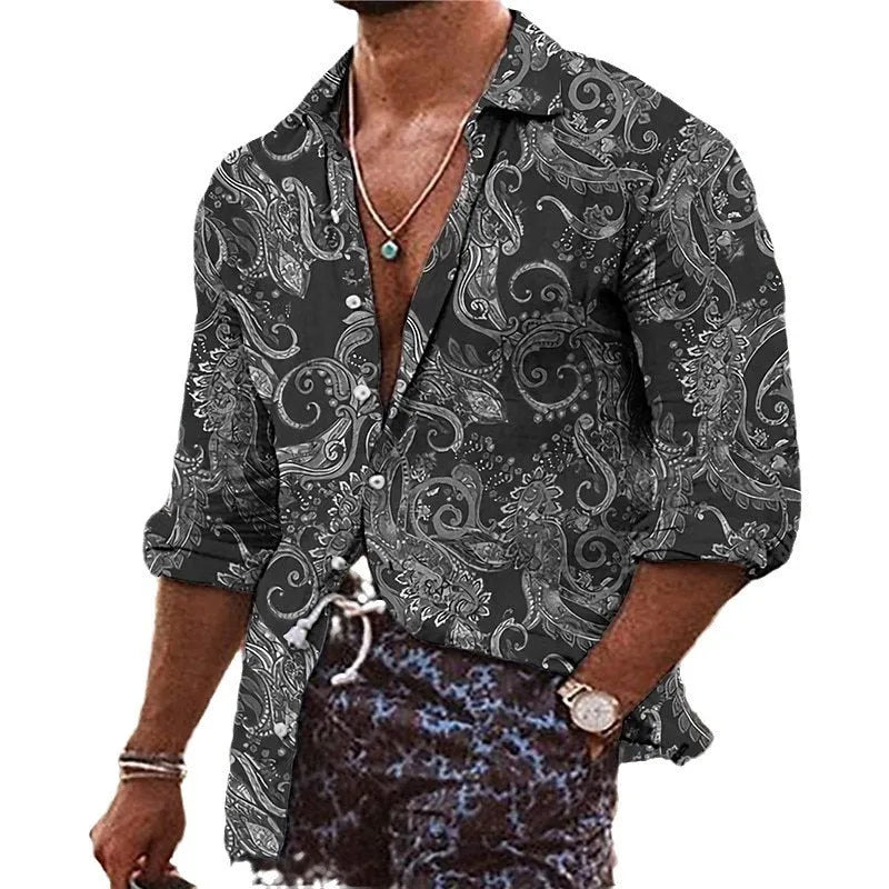 Man wearing a loose-fit long-sleeved shirt with a detailed 3D floral pattern print.