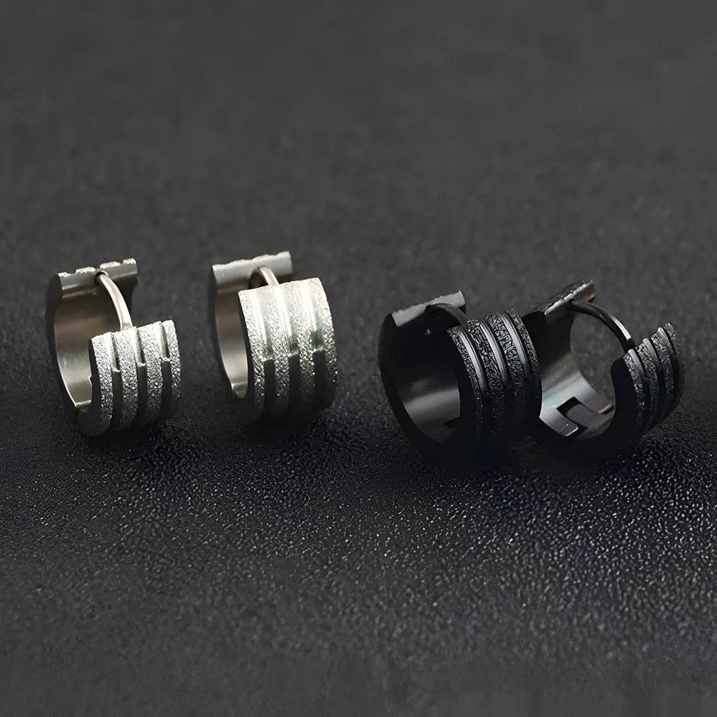 Geometric three-line frosted titanium steel earrings in black, gold, or steel colour.