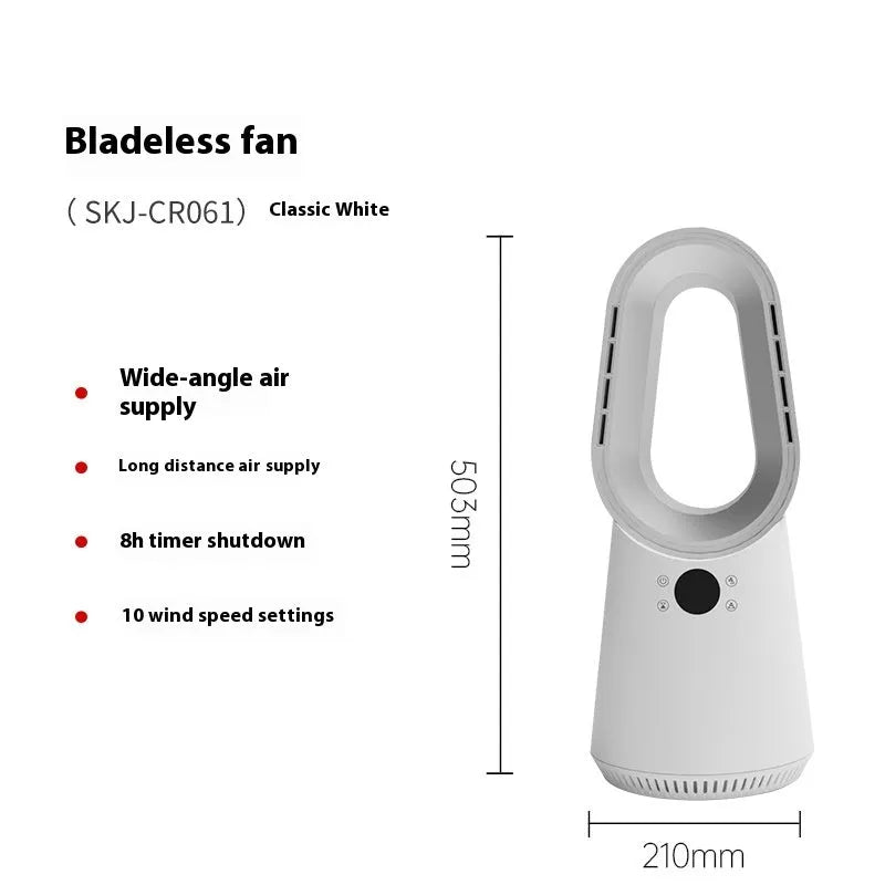 SK Bladeless Fan in white with remote control and touch screen, placed on a desk or floor
