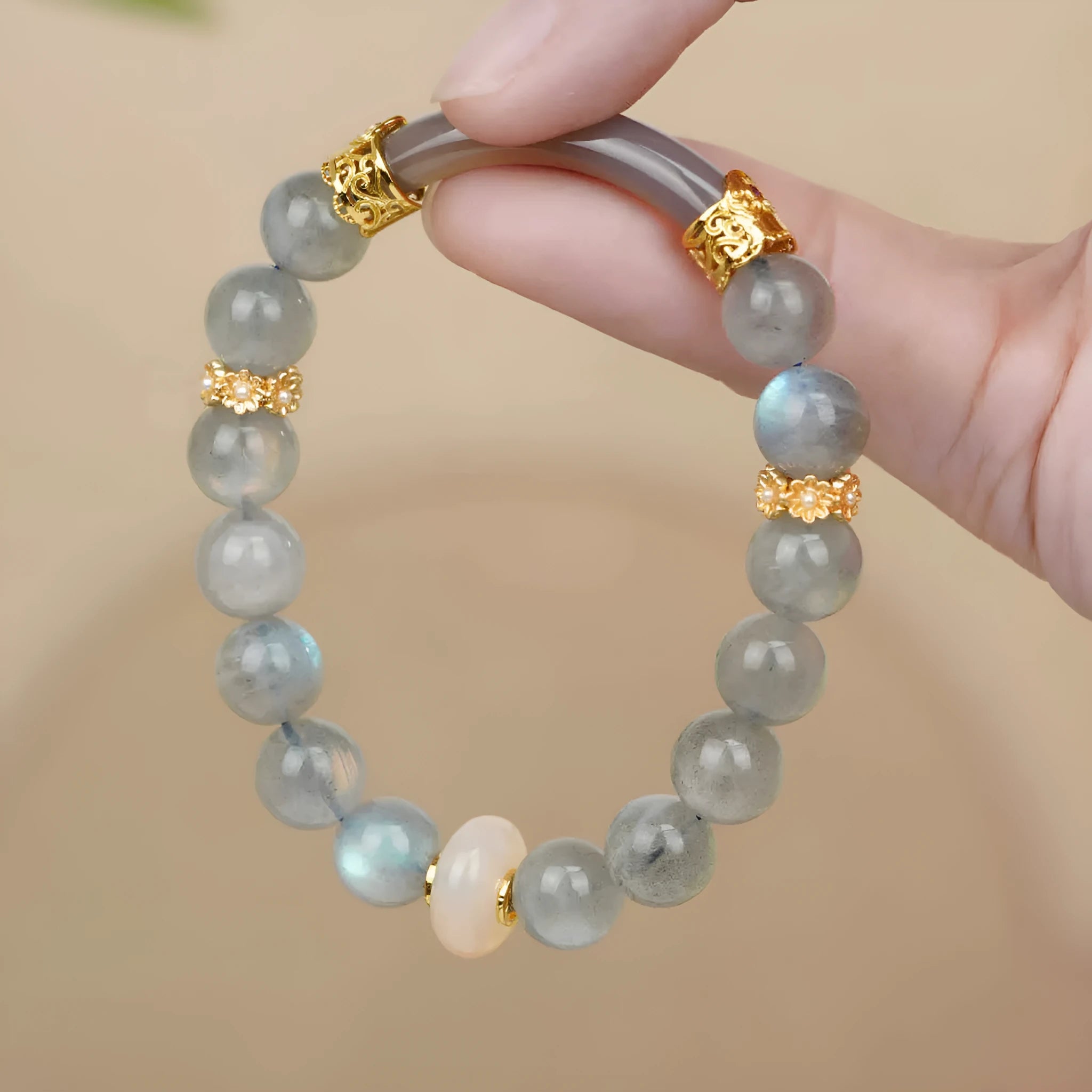 Gray moonstone agate women's bracelet with 8mm round beads in half-bracelet design