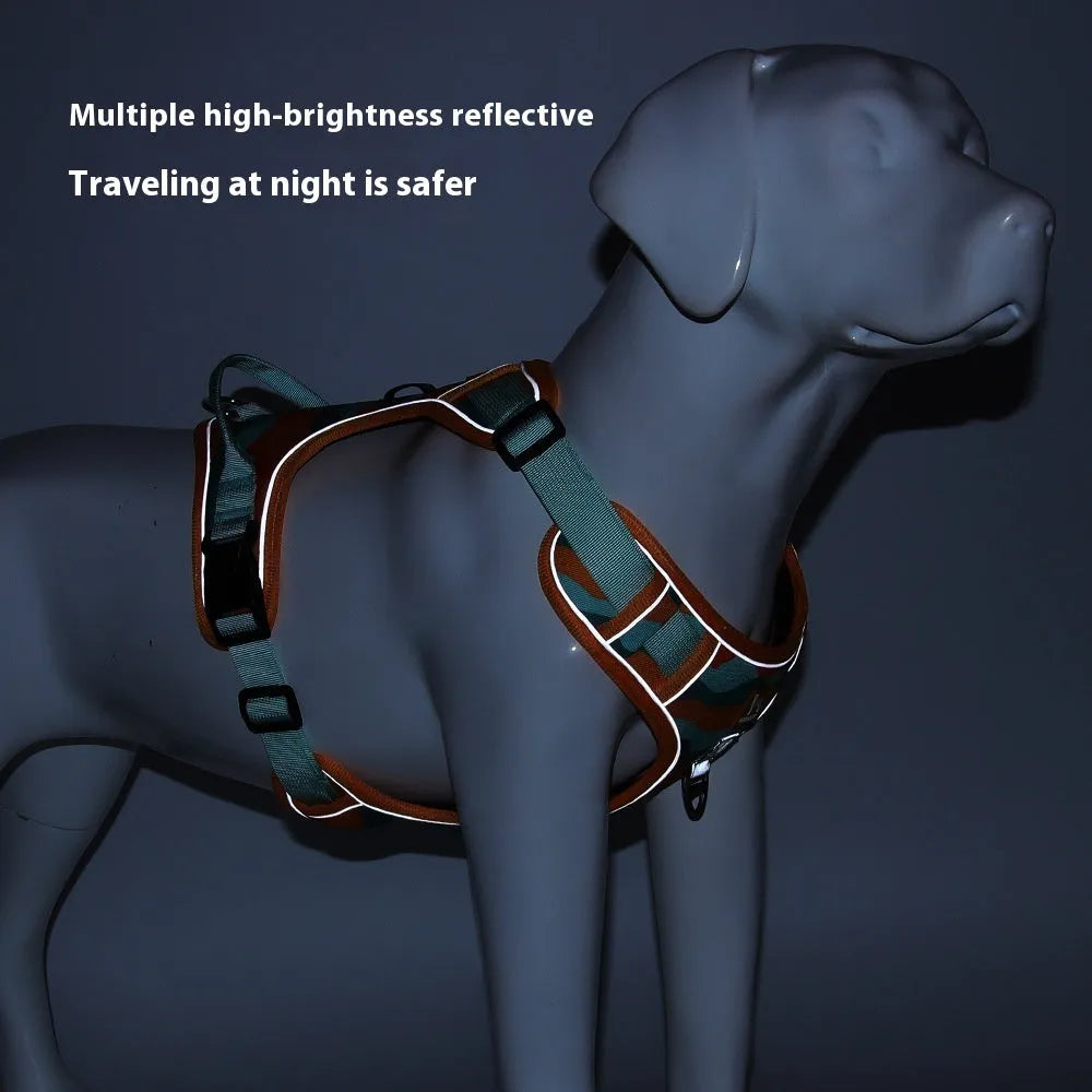 Adjustable dog harness with reflective strips on Oxford cloth, available in orange, army green, grey, and chocolate colours.