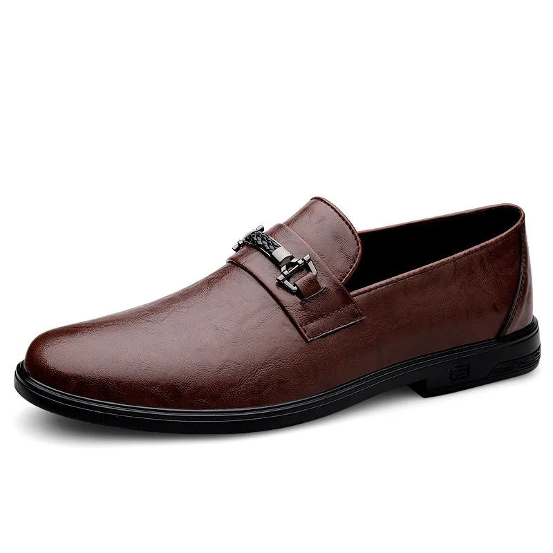 Men's low-top slip-on cowhide shoes in black or brown with rubber sole and 1-3cm chunky heel, sizes 36-46