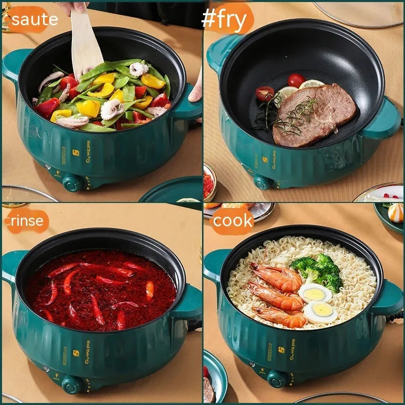 Stainless steel electric pot with non-stick interior showing steaming, frying, boiling, and stewing functions