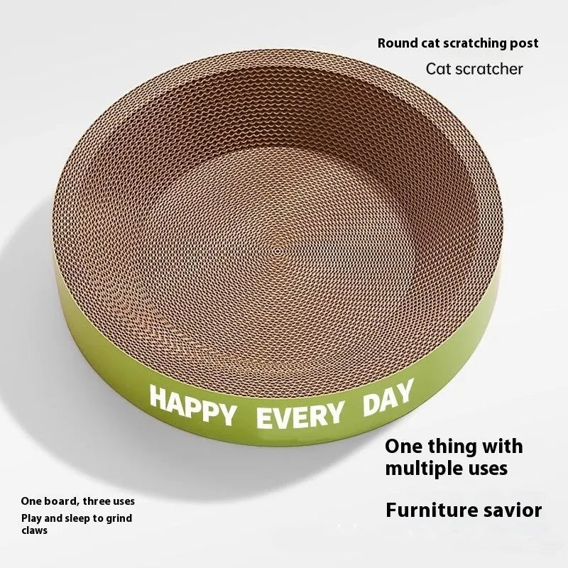 Green round scratching board cat nest showing circular design with integrated scratching surface and resting area