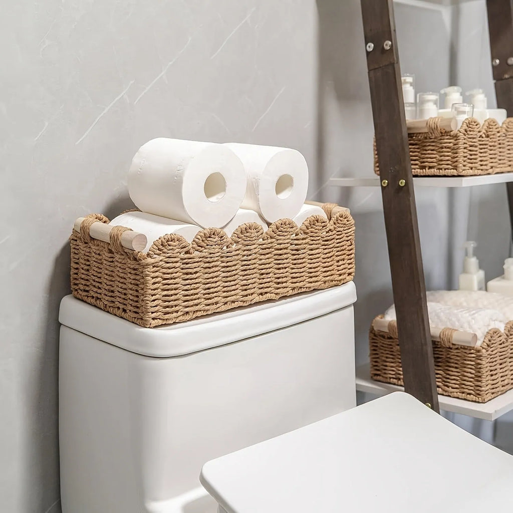 Woven paper storage basket in khaki colour on desktop with remote controls and stationery inside, dimensions 35.5cm x 16cm x 10cm