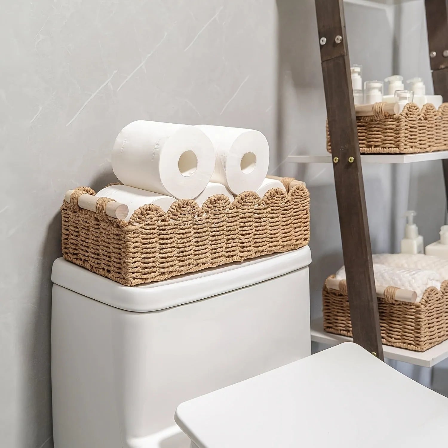 Woven paper storage basket in khaki colour on desktop with remote controls and stationery inside, dimensions 35.5cm x 16cm x 10cm