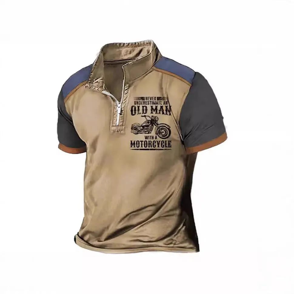 Men's casual polo shirt with zipper lapel and digital letter print in colour PL02-GG7366, size M, short sleeves
