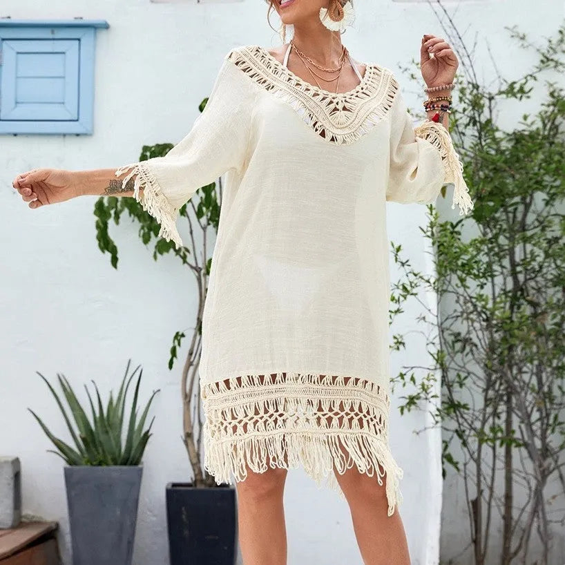 Women's apricot crocheted patchwork beach dress with mid-length skirt and half sleeves, free-size fit
