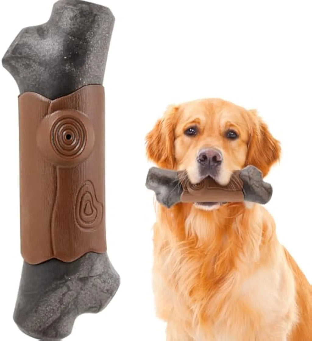 Branch-shaped nylon dog chew toy with squeaker for aggressive chewers, approximately 15-20cm