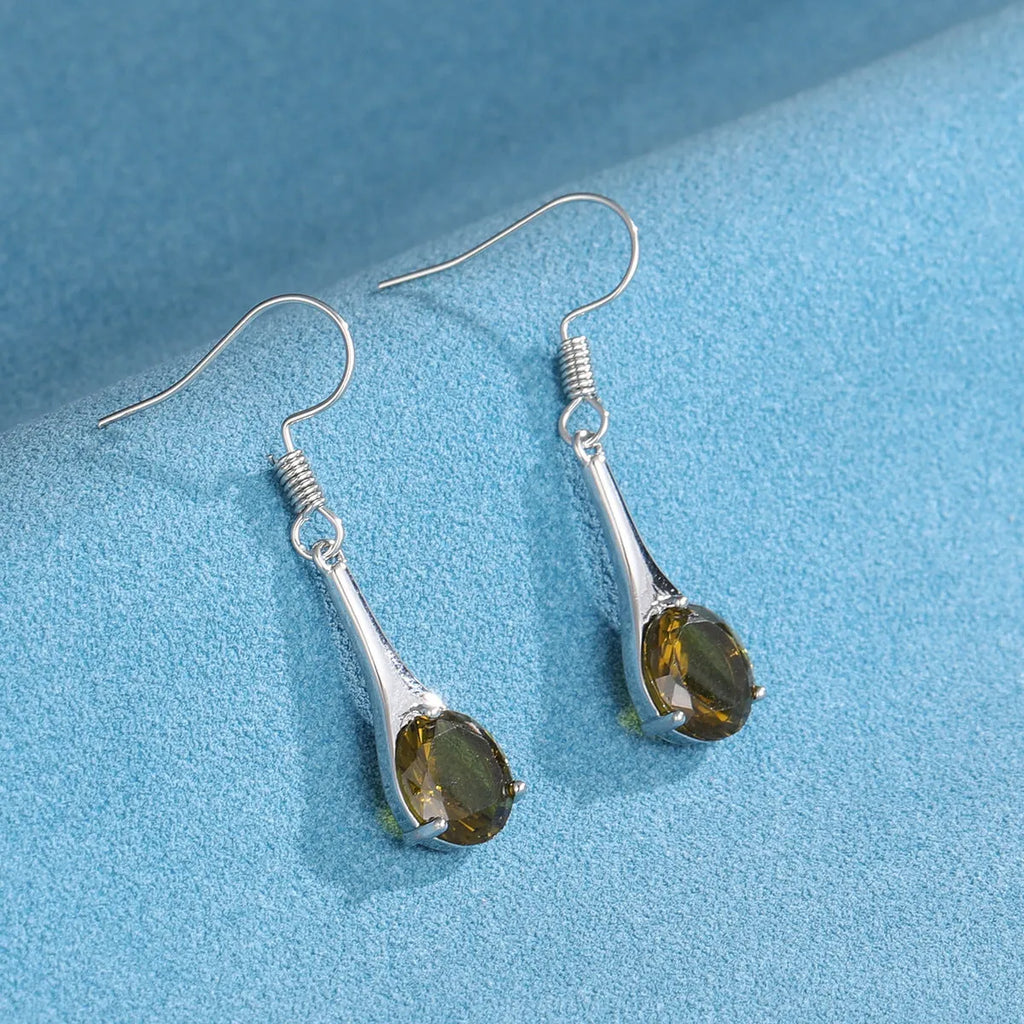 Olive green topaz earrings with water drop shape measuring 2-3cm, electroplated alloy construction