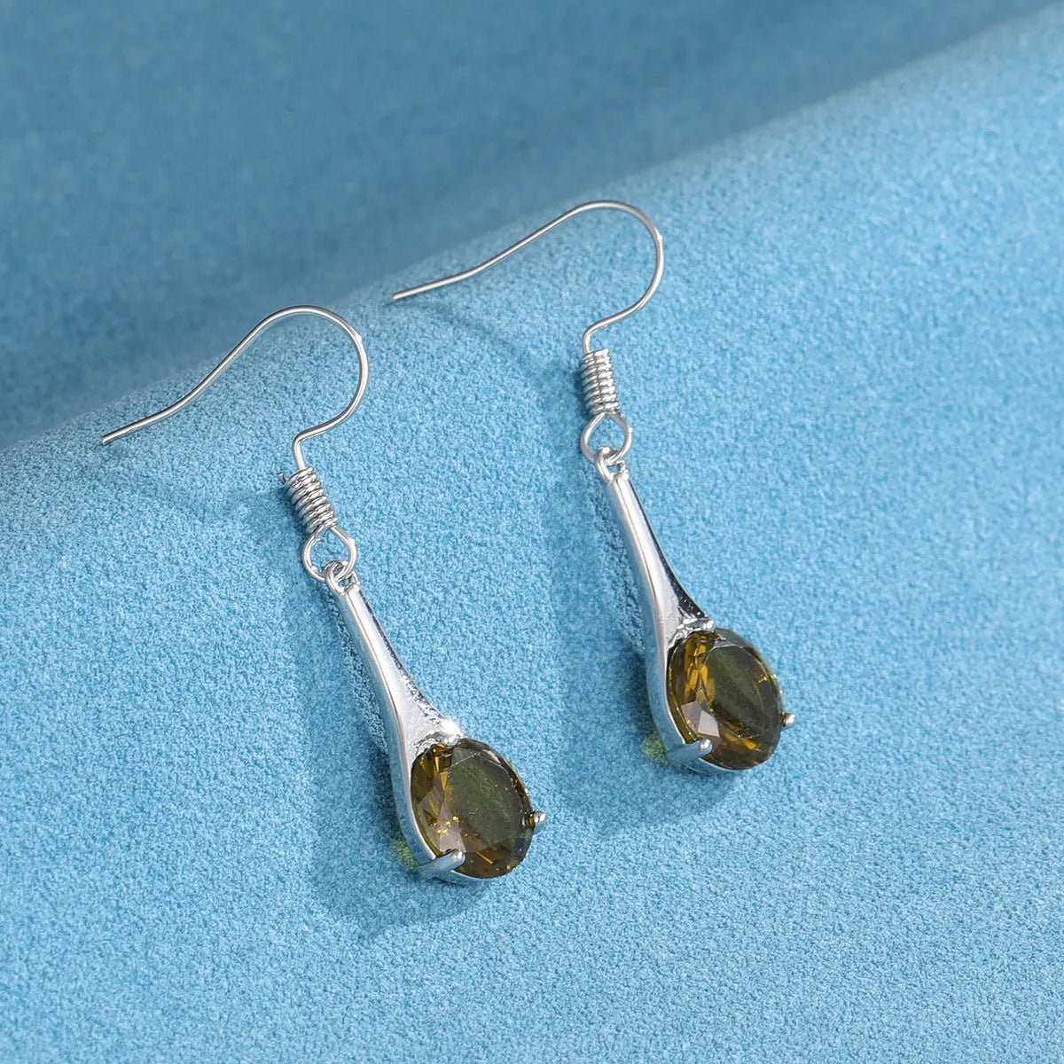 Olive green topaz earrings with water drop shape measuring 2-3cm, electroplated alloy construction