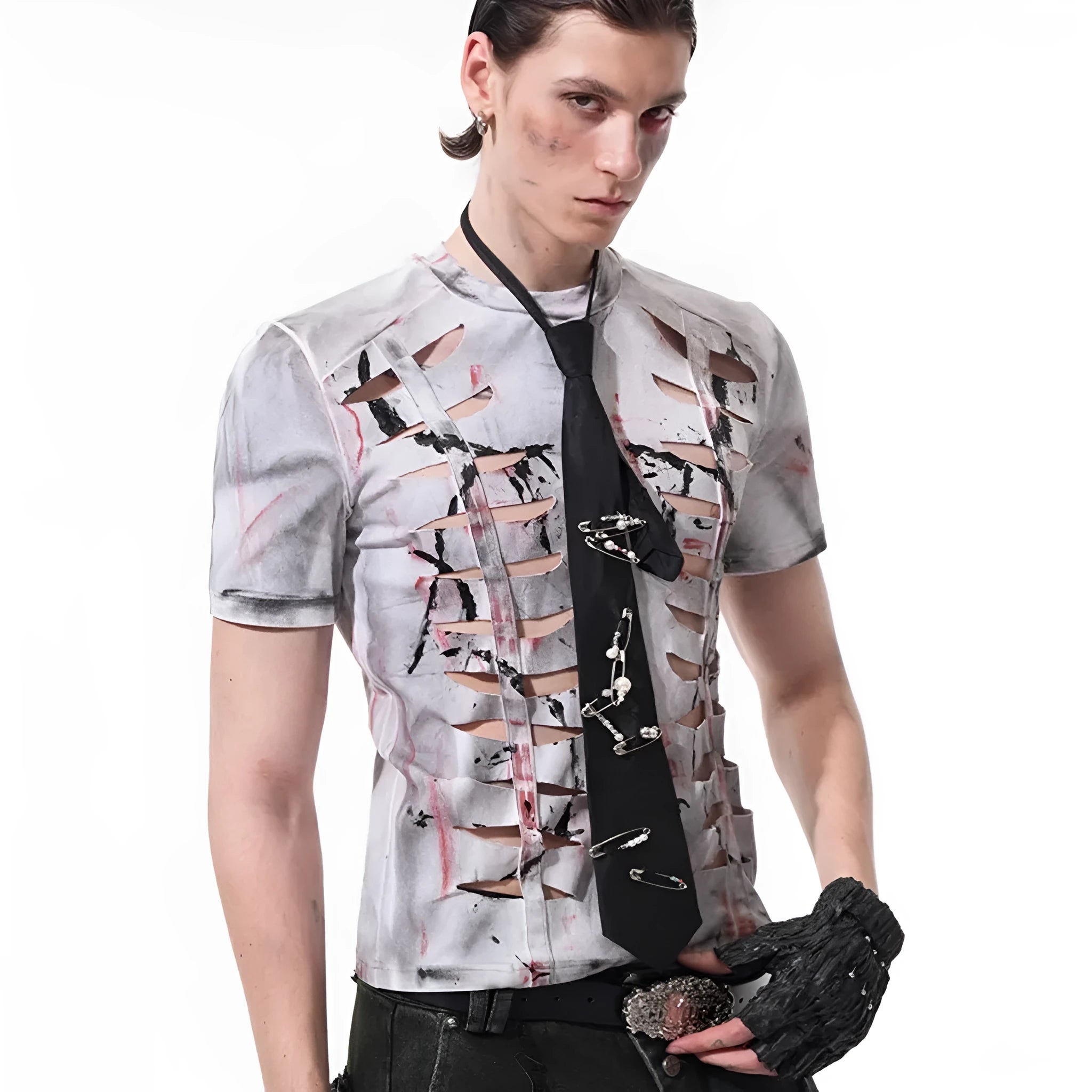 Men's white cotton t-shirt with cut-out hollow design detail on front