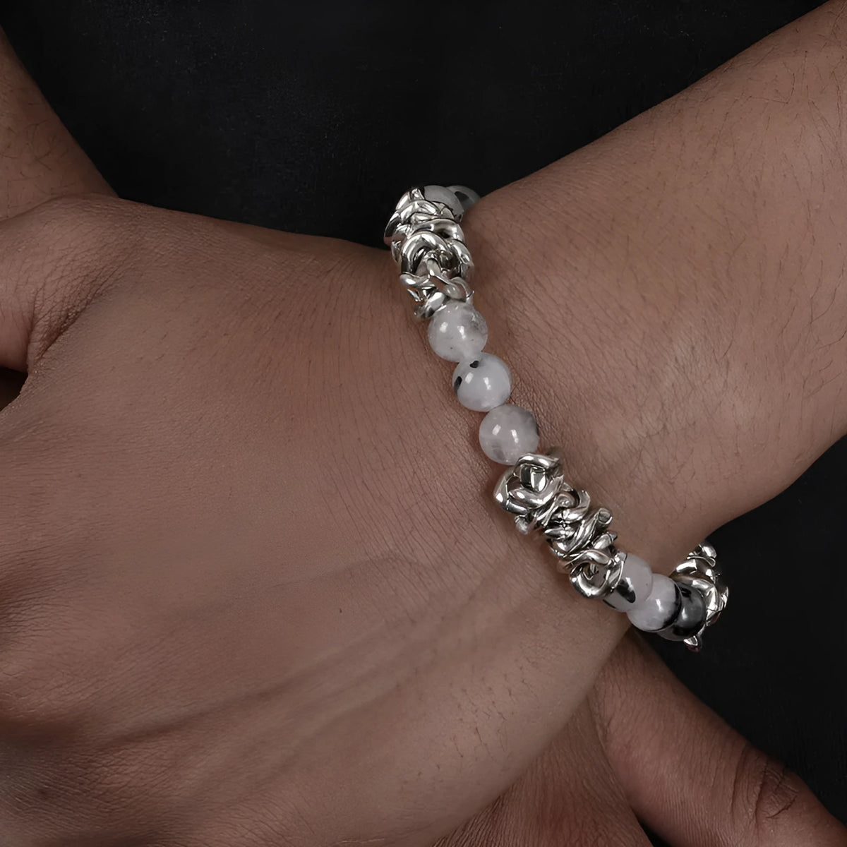 Hip hop black hair crystal bracelet with polished steel links, silver tone, 18cm plus 5cm extended chain