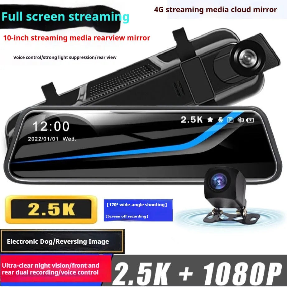 HD 1080p dual lens rearview mirror recorder with 9.66 inch touch screen displaying front and rear video.