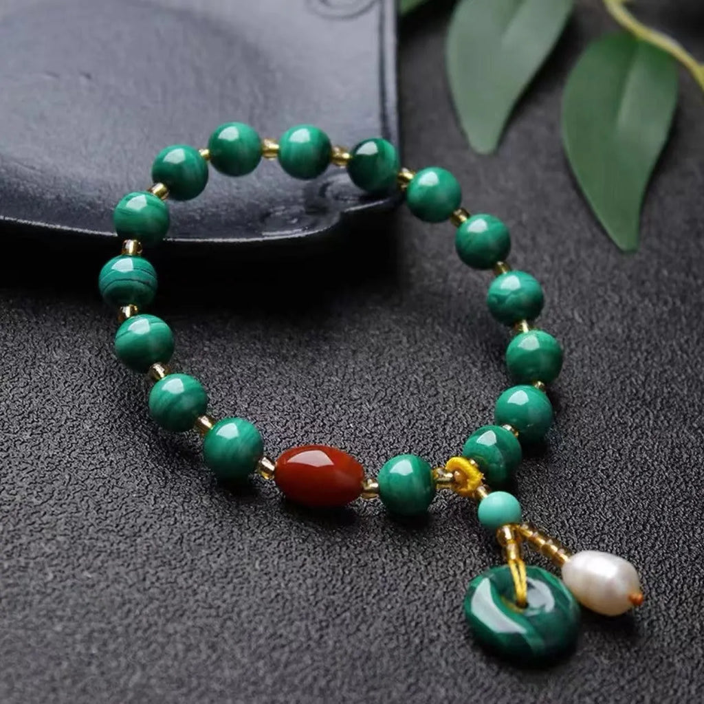 Natural malachite and red agate barrel bead bracelet with approximately 7-8mm beads