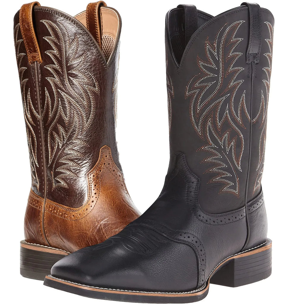 Black Western cowboy boot with high embroidery stitching, square toe, and low heel on a neutral background