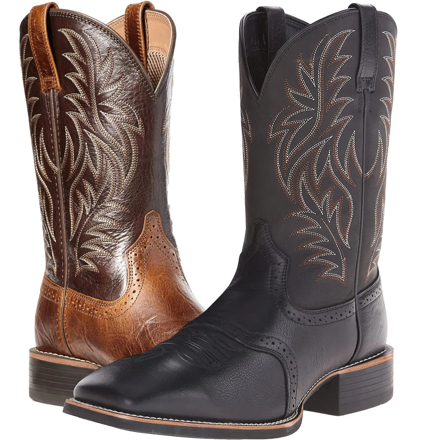 Black Western cowboy boot with high embroidery stitching, square toe, and low heel on a neutral background