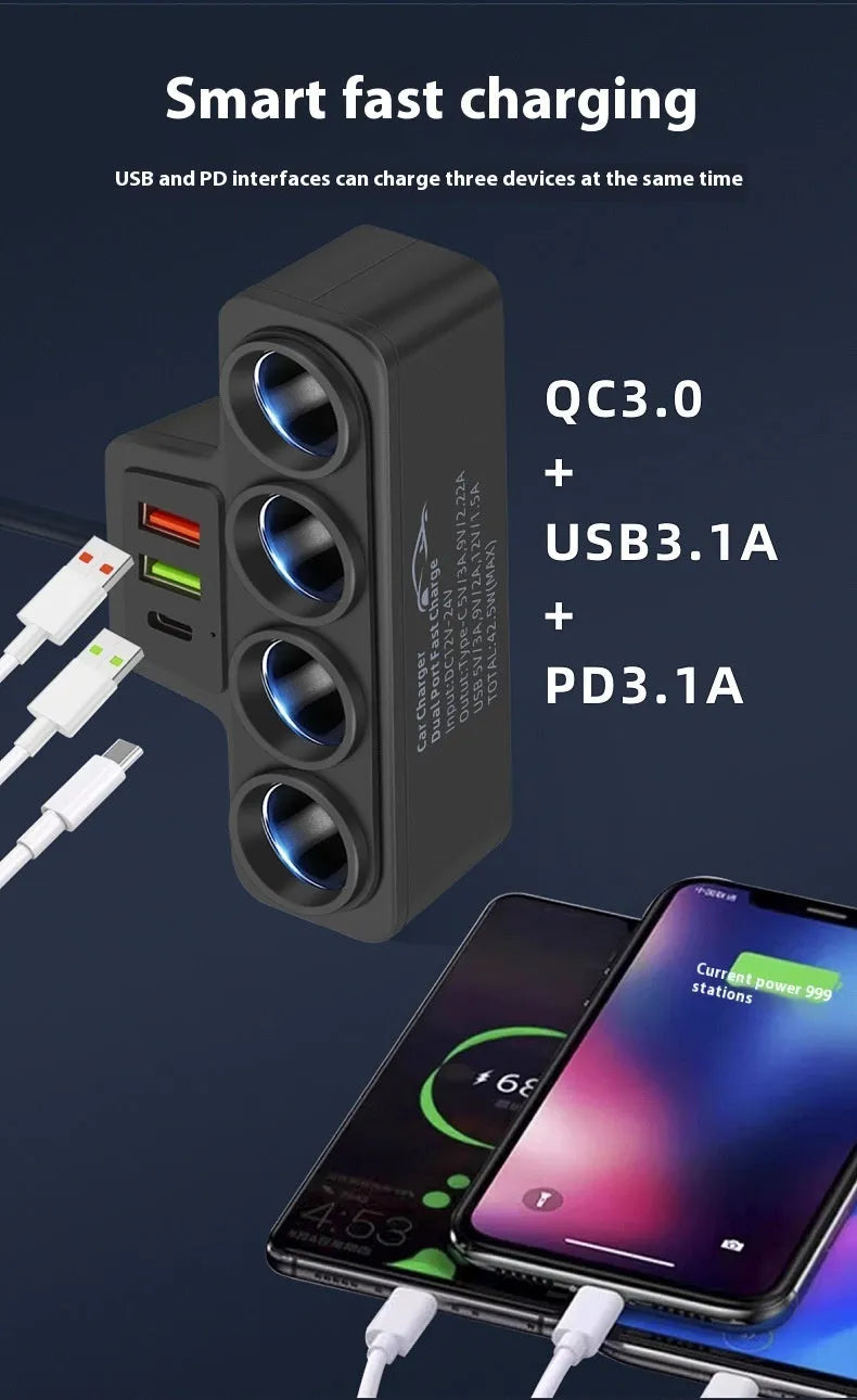 Car-mounted cigarette lighter adapter with dual USB, QC and PD ports, one-to-four socket splitter, 120W, 3.1A, 5V/12V/24V