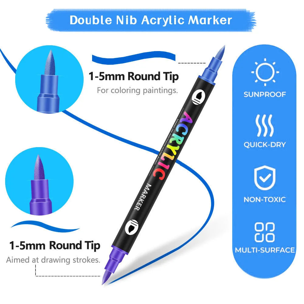 Set of double-headed acrylic marker pens with washable, opaque quick-drying ink in various colours.