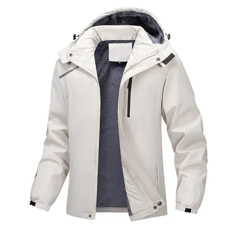 Men's plus size hooded waterproof coat in army green showing loose fit and hood design