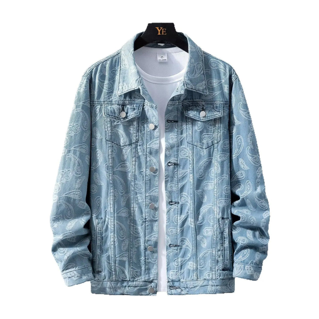 Men's slim fit denim coat with jacquard print and drawstring waist in black, dark blue, or light blue
