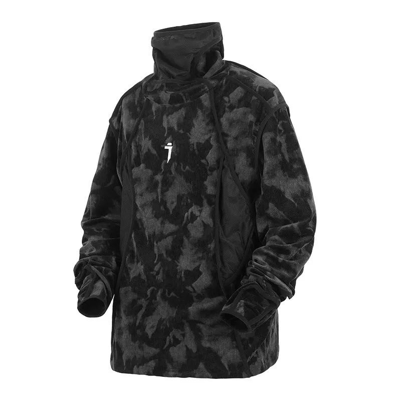 Men's black tie-dye printed finger turtleneck sweater with drop-shoulder sleeves, loose casual fit