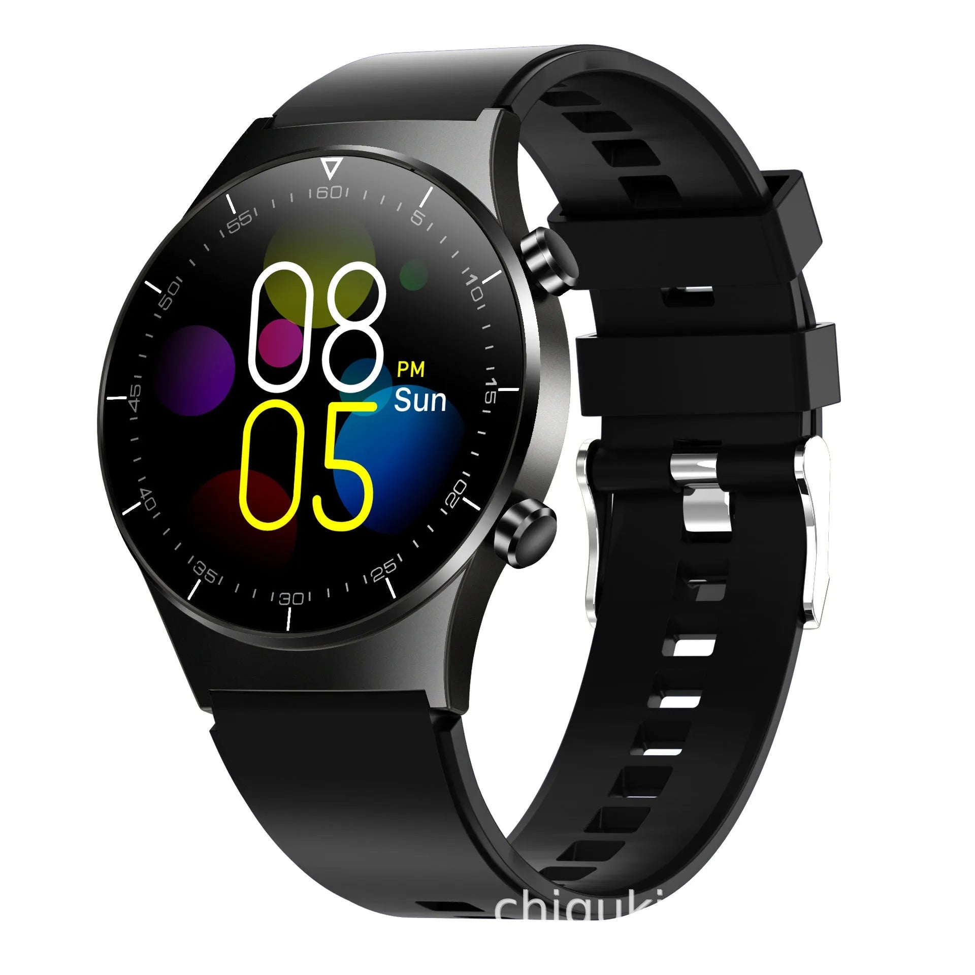 Black smart watch with sports-style astronaut bracelet and 1.3-inch touch screen displaying health metrics