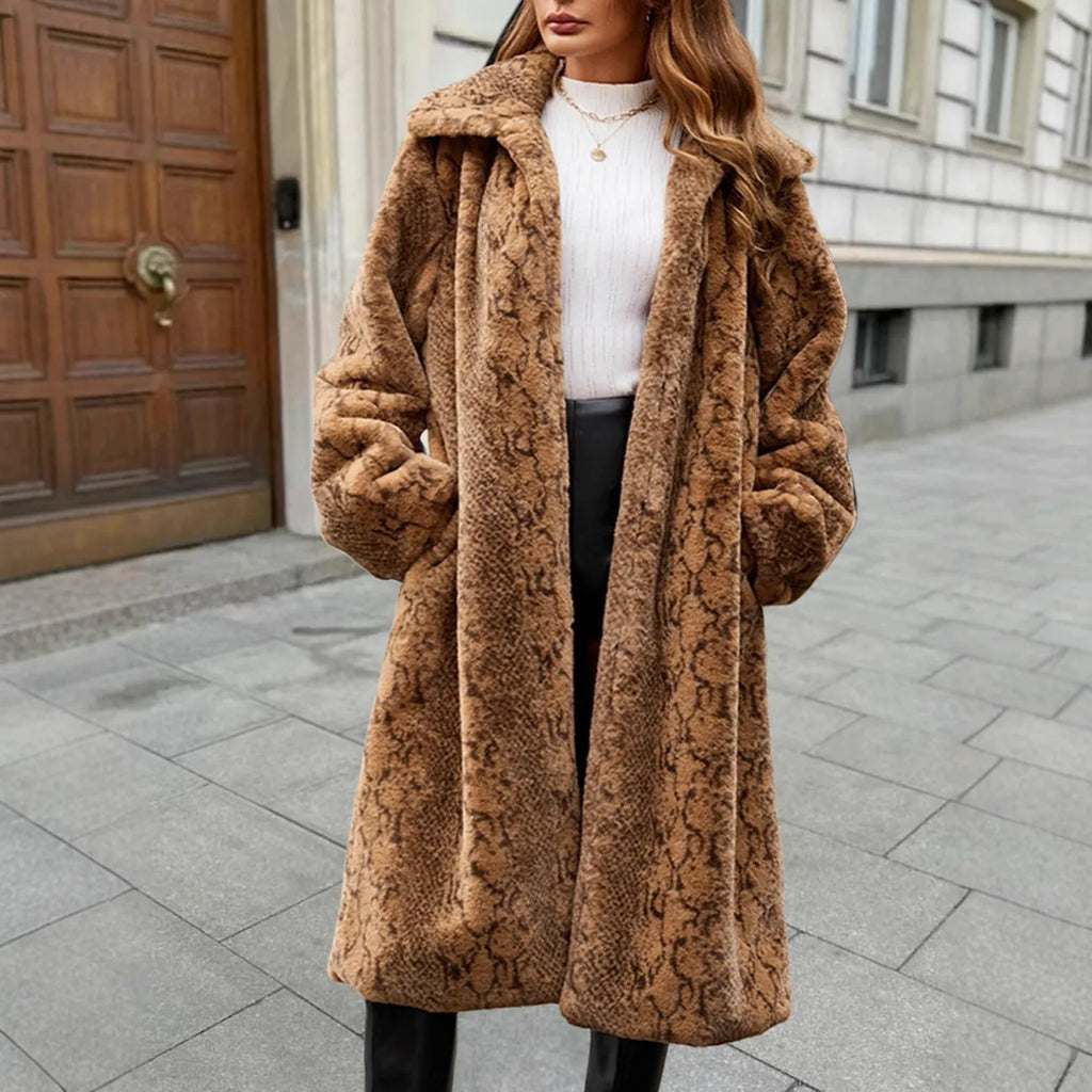 Women's over-the-knee faux fur coat in leopard print, 80cm length with regular sleeves, available in multiple sizes