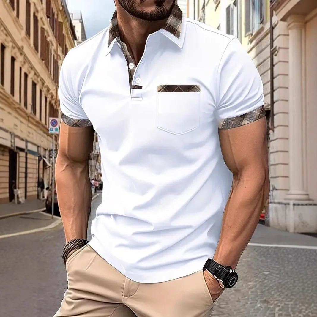 Men's short sleeve plaid colourblock T-shirt with zipper decorations in multiple colour options